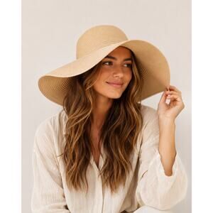 Odiva Wide Brim Floppy Sun Hat One Size Beige Paper Straw Beach Resort Hat